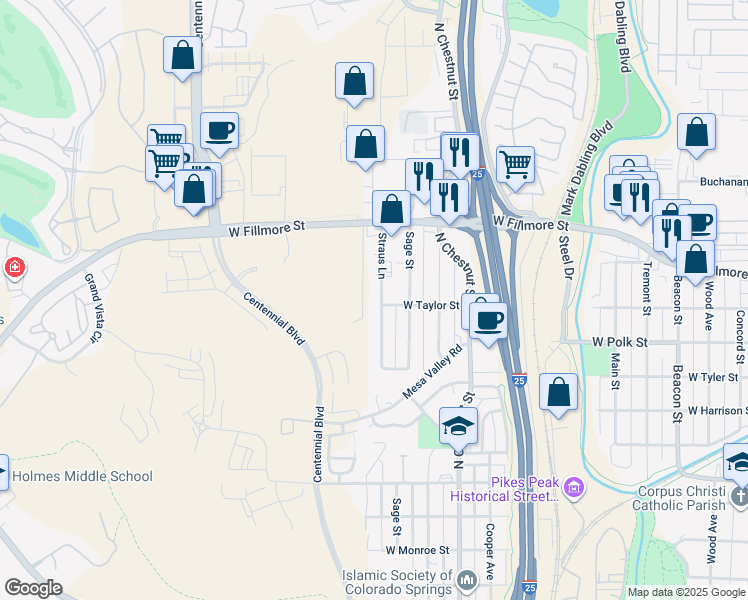 map of restaurants, bars, coffee shops, grocery stores, and more near 51 Straus Lane in Colorado Springs