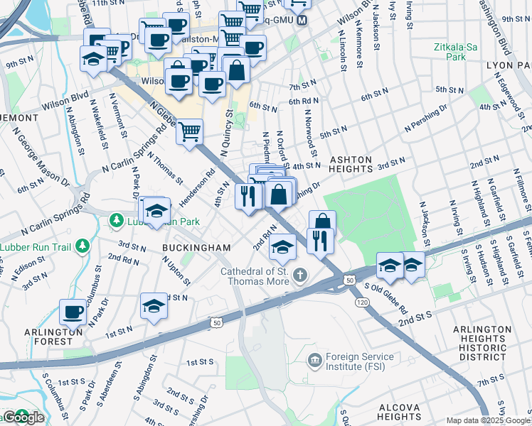 map of restaurants, bars, coffee shops, grocery stores, and more near 2850 South Wakefield Street in Arlington