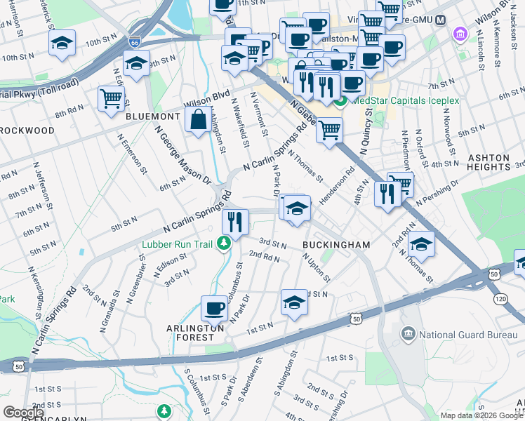 map of restaurants, bars, coffee shops, grocery stores, and more near in Arlington