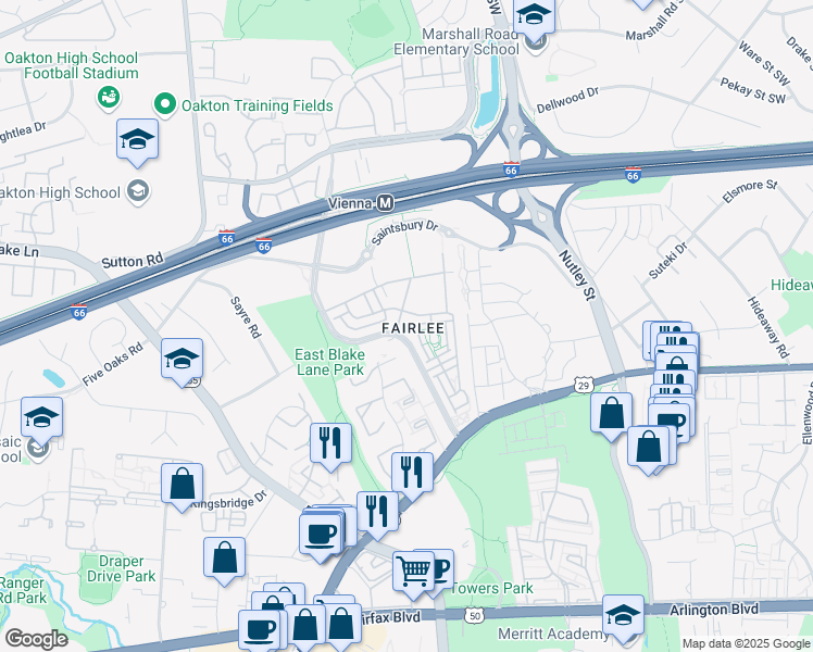 map of restaurants, bars, coffee shops, grocery stores, and more near 9424 Canonbury Square in Fairfax