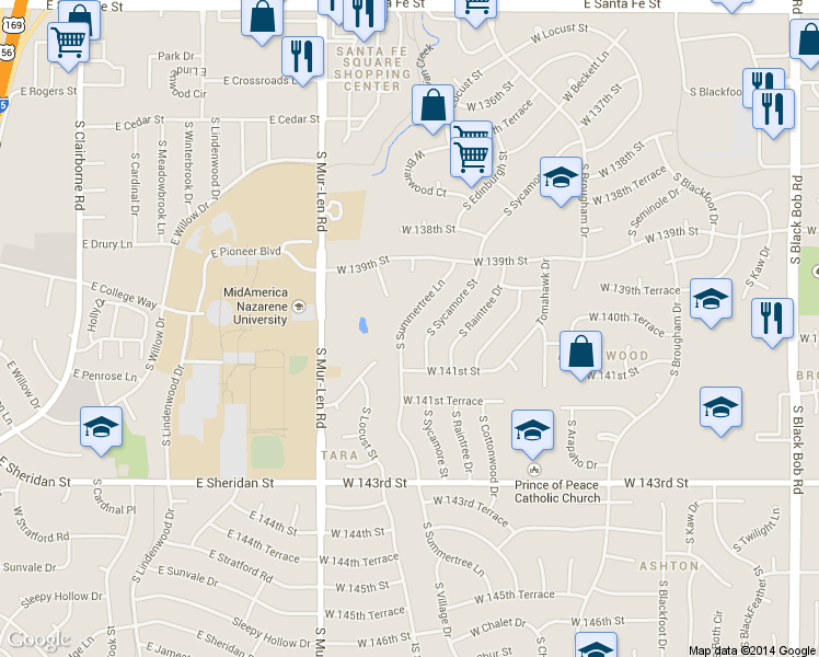 map of restaurants, bars, coffee shops, grocery stores, and more near 13949 South Summertree Lane in Olathe