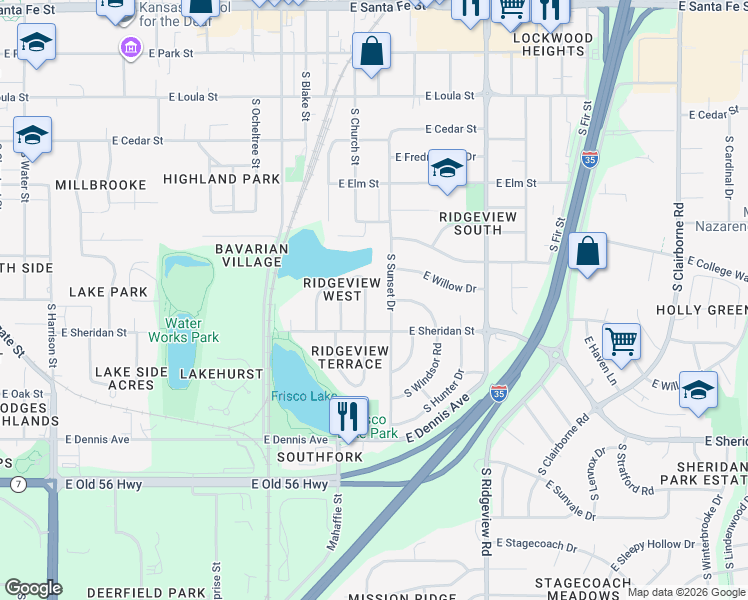 map of restaurants, bars, coffee shops, grocery stores, and more near 709 South Sunset Drive in Olathe