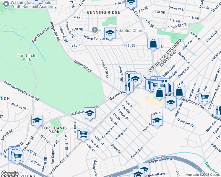 map of restaurants, bars, coffee shops, grocery stores, and more near 4328 Alabama Avenue Southeast in Washington