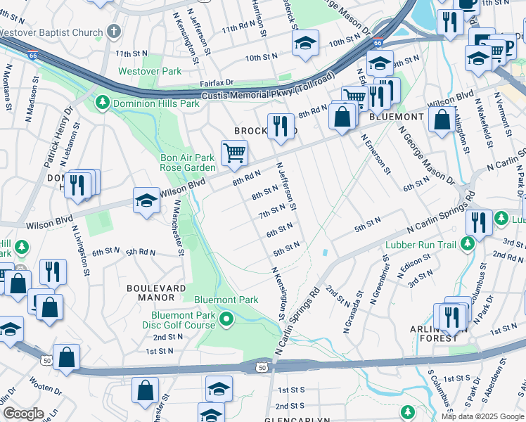 map of restaurants, bars, coffee shops, grocery stores, and more near 5639 7th Street North in Arlington