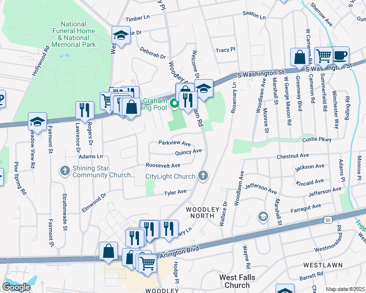 map of restaurants, bars, coffee shops, grocery stores, and more near 7137 Parkview Avenue in Falls Church