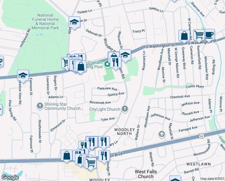 map of restaurants, bars, coffee shops, grocery stores, and more near 7137 Parkview Avenue in Falls Church