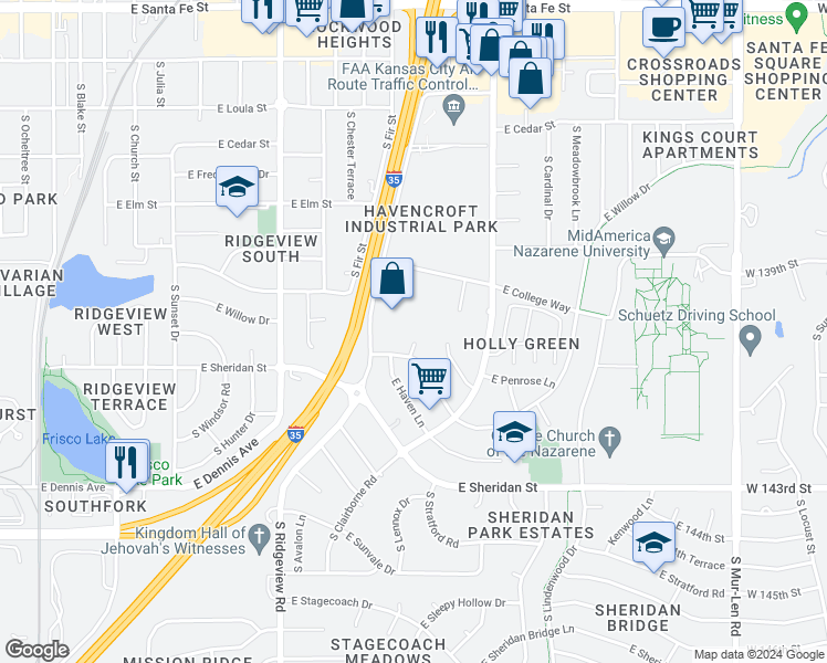map of restaurants, bars, coffee shops, grocery stores, and more near 735 South Avalon Circle in Olathe
