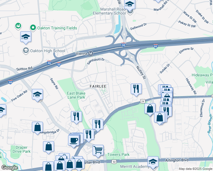 map of restaurants, bars, coffee shops, grocery stores, and more near 9542 Canonbury Square in Fairfax