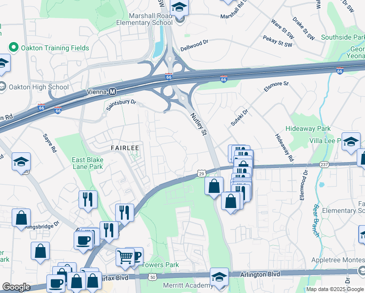 map of restaurants, bars, coffee shops, grocery stores, and more near 2972 Hunters Branch Road in Fairfax