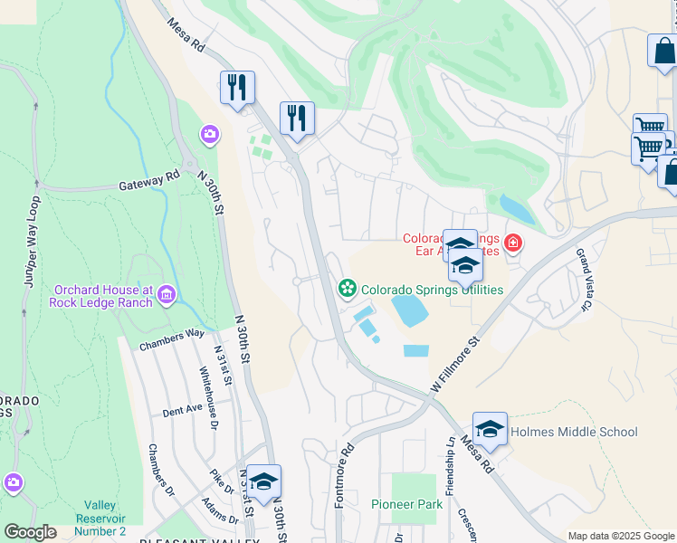 map of restaurants, bars, coffee shops, grocery stores, and more near 2901 Mesa Road in Colorado Springs