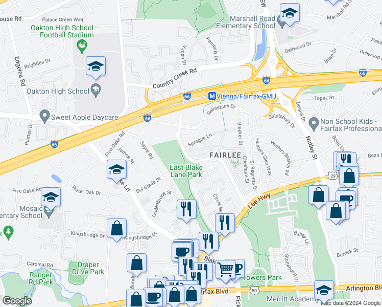 map of restaurants, bars, coffee shops, grocery stores, and more near 3002 Rittenhouse Circle in Fairfax