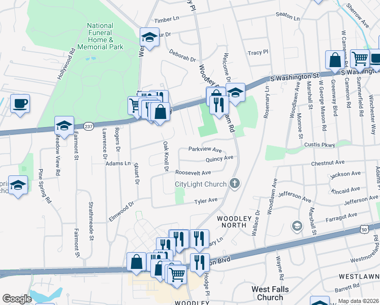 map of restaurants, bars, coffee shops, grocery stores, and more near 7207 Parkview Avenue in Falls Church