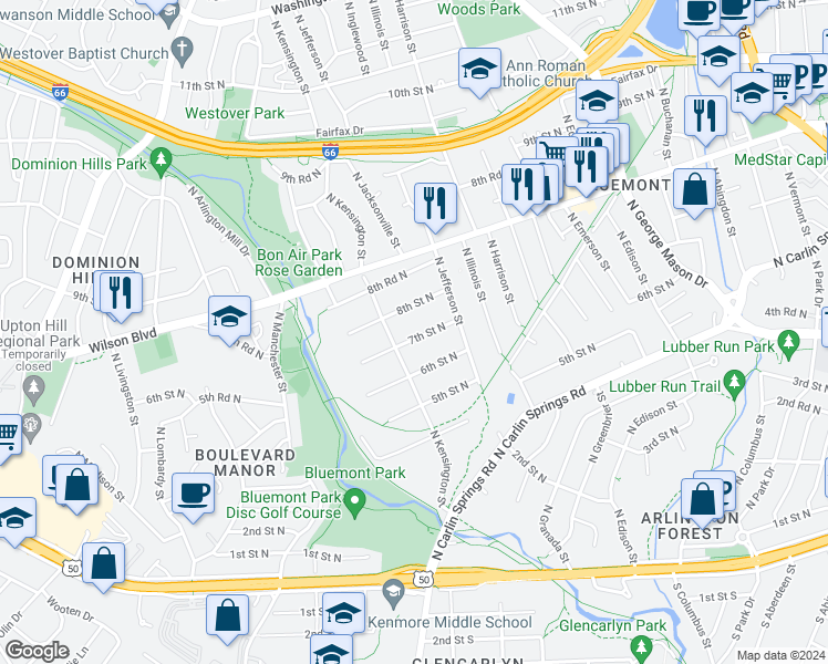 map of restaurants, bars, coffee shops, grocery stores, and more near 5639 7th Street North in Arlington