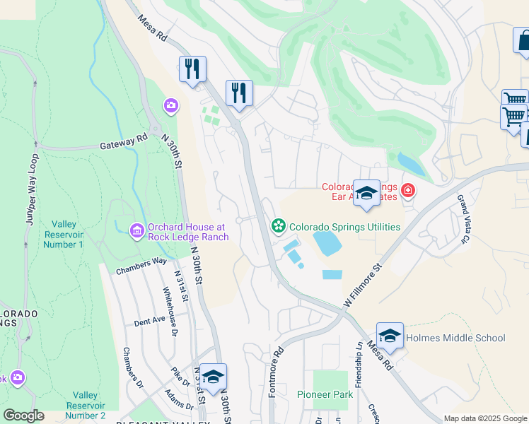map of restaurants, bars, coffee shops, grocery stores, and more near 2931 Mesa Road in Colorado Springs