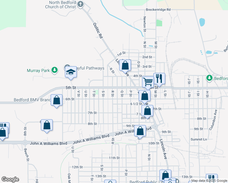 map of restaurants, bars, coffee shops, grocery stores, and more near 512 R St in Bedford