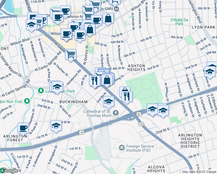 map of restaurants, bars, coffee shops, grocery stores, and more near 243 North Glebe Road in Arlington