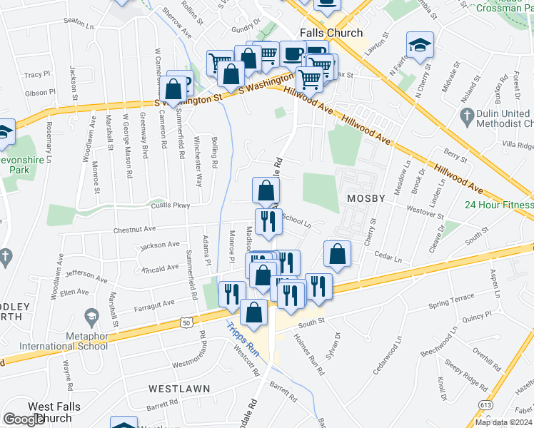 map of restaurants, bars, coffee shops, grocery stores, and more near 2860 Annandale Road in Falls Church