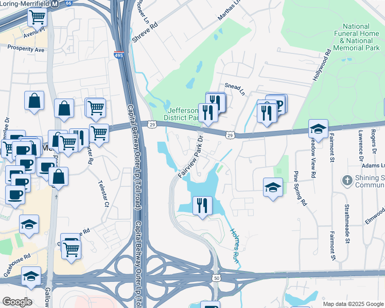 map of restaurants, bars, coffee shops, grocery stores, and more near 7901 Yancey Drive in Falls Church