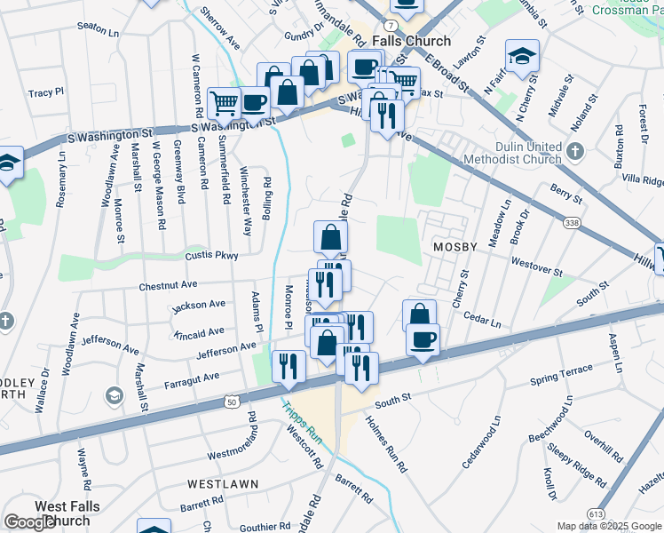map of restaurants, bars, coffee shops, grocery stores, and more near 2860 Annandale Road in Falls Church