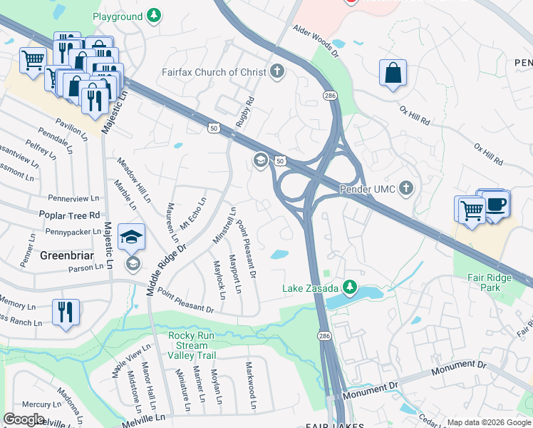 map of restaurants, bars, coffee shops, grocery stores, and more near 4028 Dogberry Lane in Fairfax