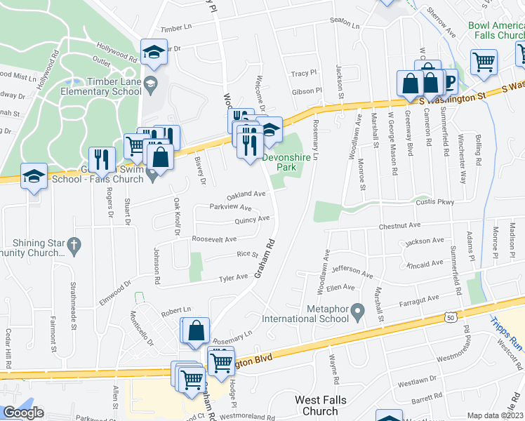map of restaurants, bars, coffee shops, grocery stores, and more near 7126 Parkview Avenue in Falls Church
