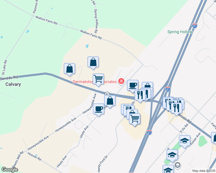 map of restaurants, bars, coffee shops, grocery stores, and more near 24305 Senedo Road in Woodstock
