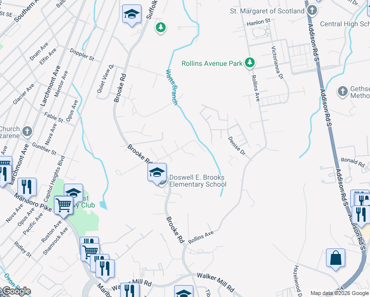 map of restaurants, bars, coffee shops, grocery stores, and more near 5701 Oakford Road in Capitol Heights