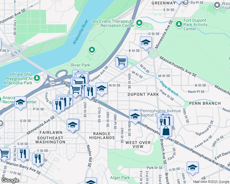 map of restaurants, bars, coffee shops, grocery stores, and more near 1319 29th Street Southeast in Washington