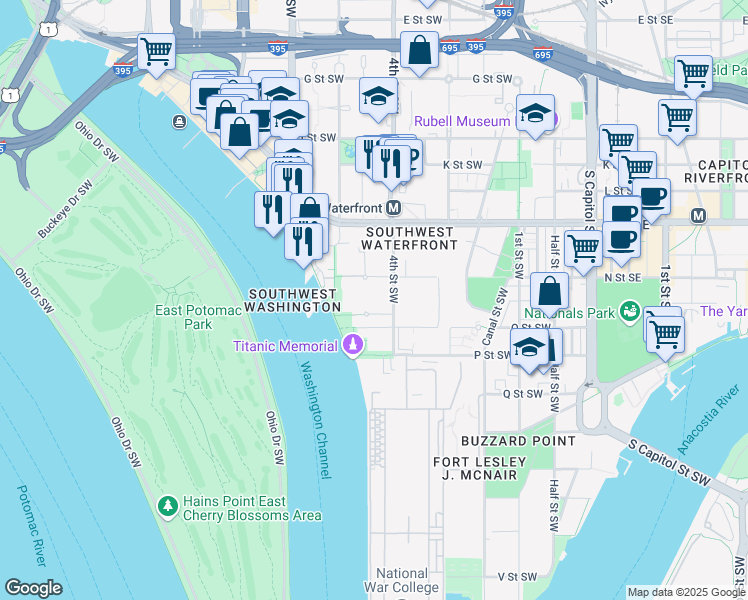 map of restaurants, bars, coffee shops, grocery stores, and more near 520 N Street Southwest in Washington