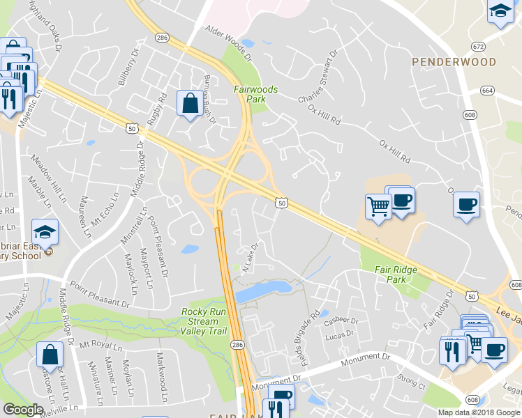 map of restaurants, bars, coffee shops, grocery stores, and more near 4040 Pender Ridge Terrace in Fairfax