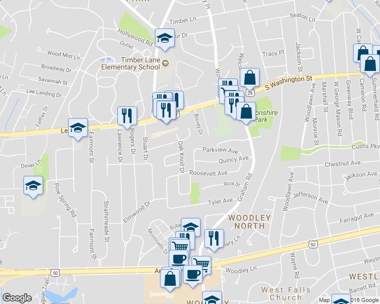 map of restaurants, bars, coffee shops, grocery stores, and more near 2904 Harrison Road in Falls Church