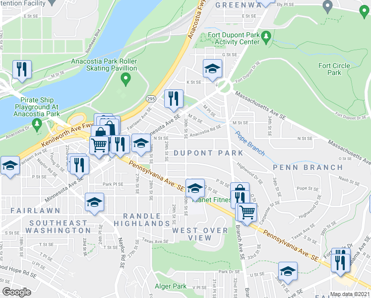 map of restaurants, bars, coffee shops, grocery stores, and more near 1319 30th St SE in Washington