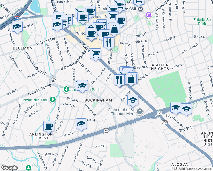 map of restaurants, bars, coffee shops, grocery stores, and more near North Thomas Street in Arlington