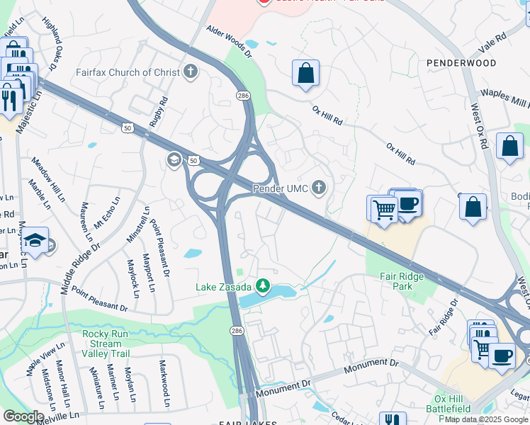 map of restaurants, bars, coffee shops, grocery stores, and more near 4040 Pender Ridge Terrace in Fairfax