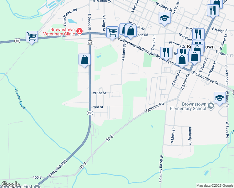 map of restaurants, bars, coffee shops, grocery stores, and more near 823 West 1st Street in Brownstown