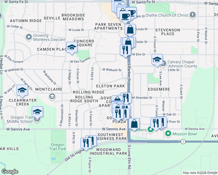 map of restaurants, bars, coffee shops, grocery stores, and more near 1104 South Valley Road in Olathe