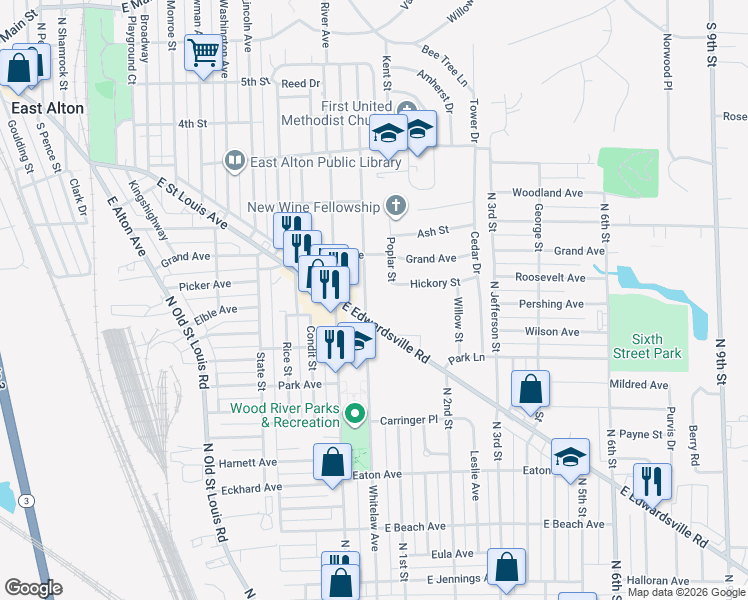 map of restaurants, bars, coffee shops, grocery stores, and more near 929 Whitelaw Avenue in Wood River