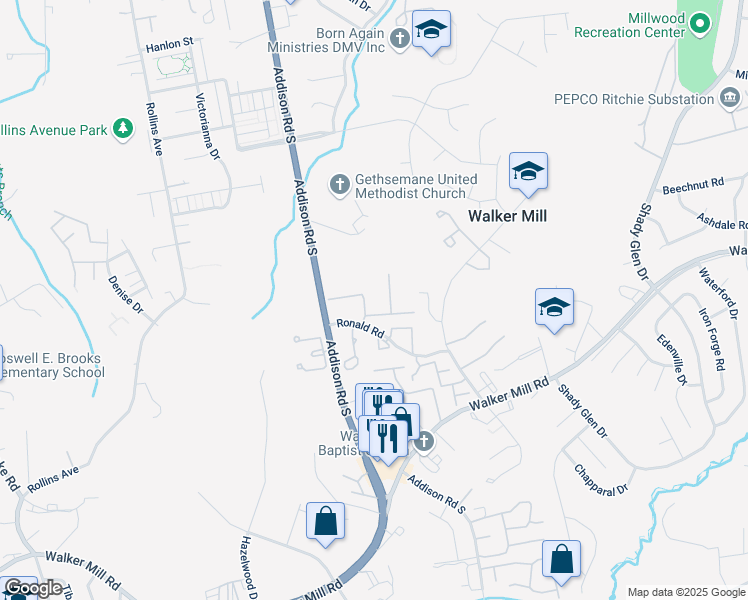 map of restaurants, bars, coffee shops, grocery stores, and more near 6500 Ronald Road in Capitol Heights