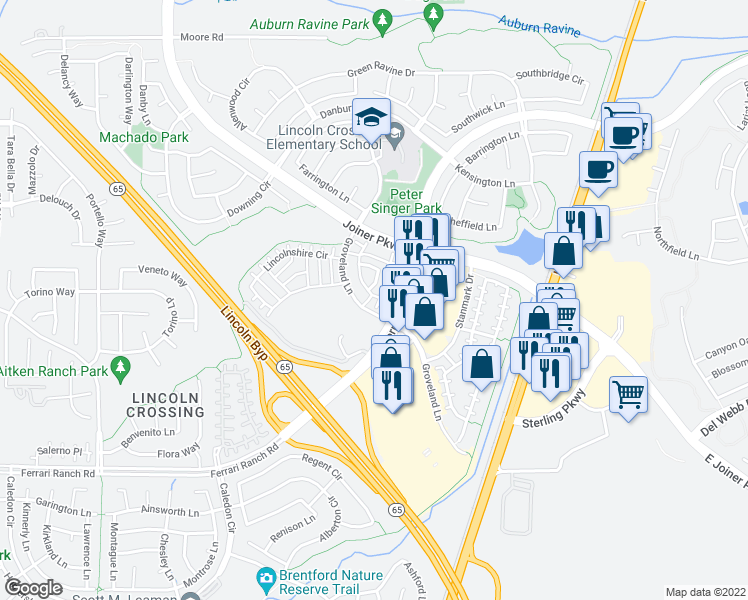 map of restaurants, bars, coffee shops, grocery stores, and more near 980 Sierra View Circle in Lincoln
