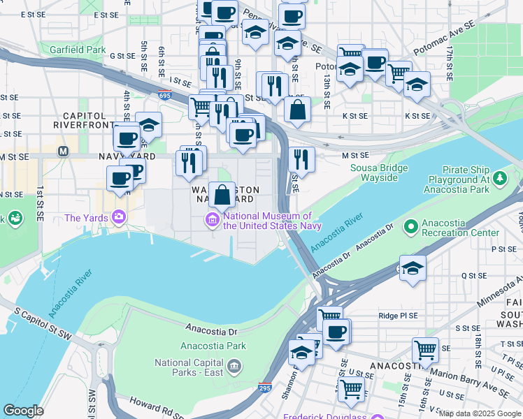 map of restaurants, bars, coffee shops, grocery stores, and more near 1004 O Street Southeast in Washington