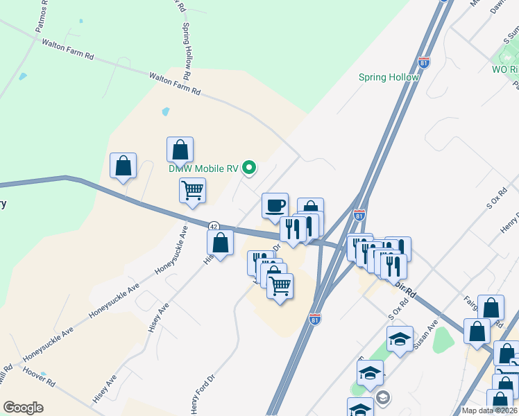map of restaurants, bars, coffee shops, grocery stores, and more near 1057 Hisey Avenue in Woodstock