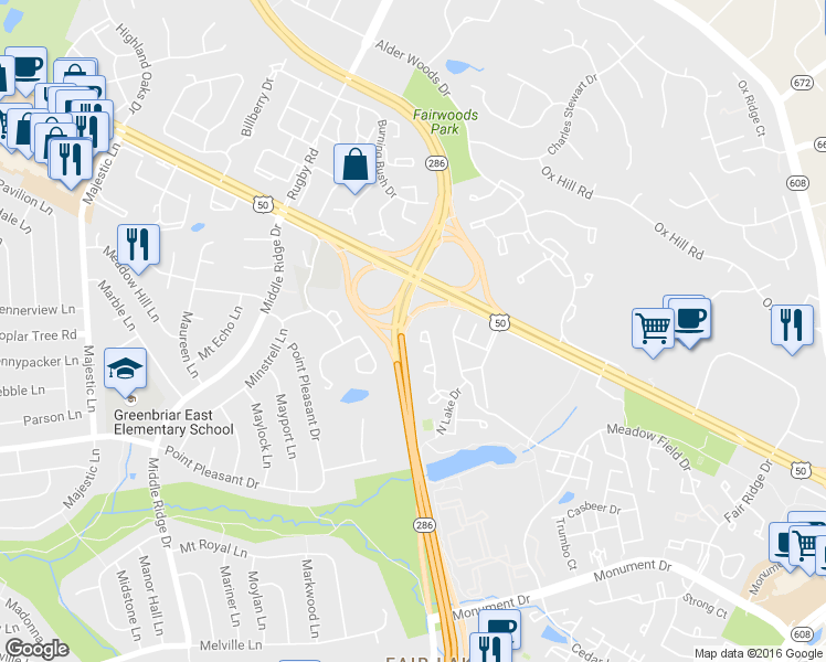 map of restaurants, bars, coffee shops, grocery stores, and more near 4008 Lake Glen Road in Fairfax