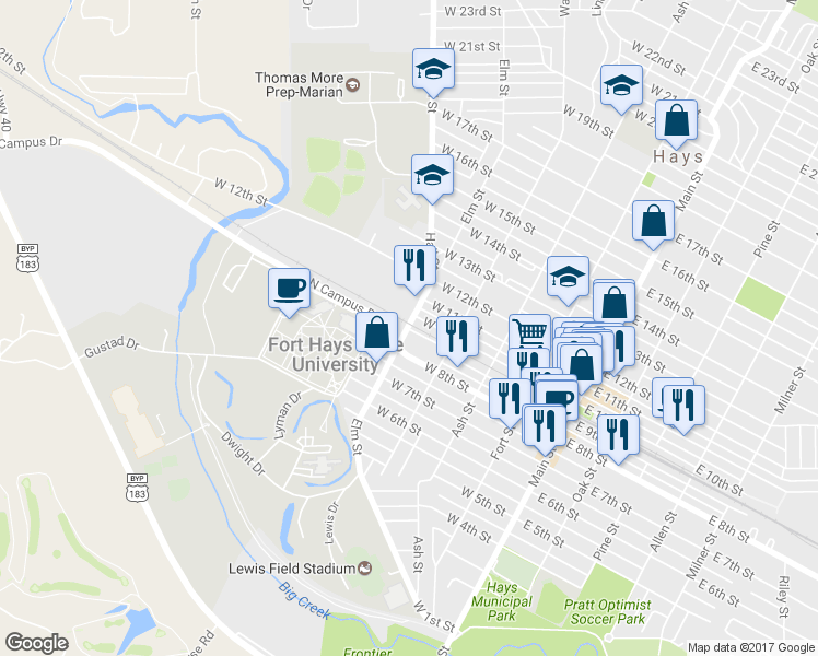 map of restaurants, bars, coffee shops, grocery stores, and more near 903 Elm St in Hays