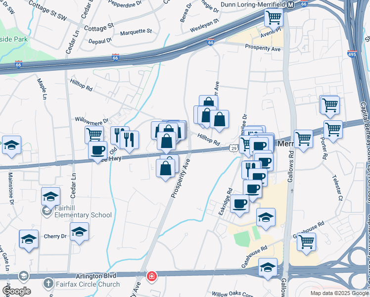 map of restaurants, bars, coffee shops, grocery stores, and more near 8418 Lee Highway in Fairfax