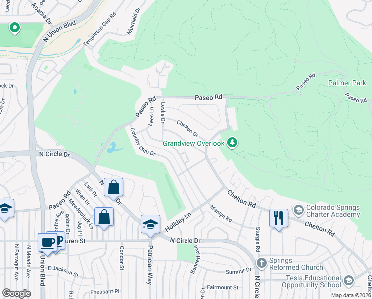 map of restaurants, bars, coffee shops, grocery stores, and more near 2929 Marilyn Road in Colorado Springs