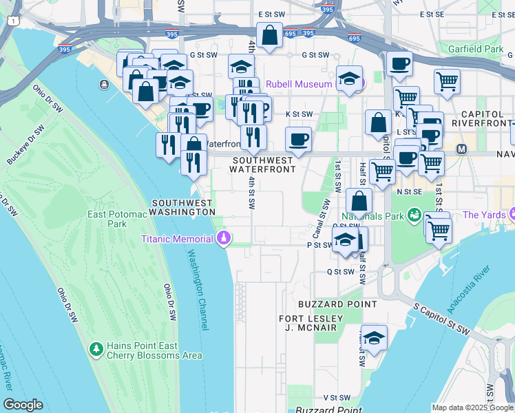 map of restaurants, bars, coffee shops, grocery stores, and more near 1352 4th Street Southwest in Washington