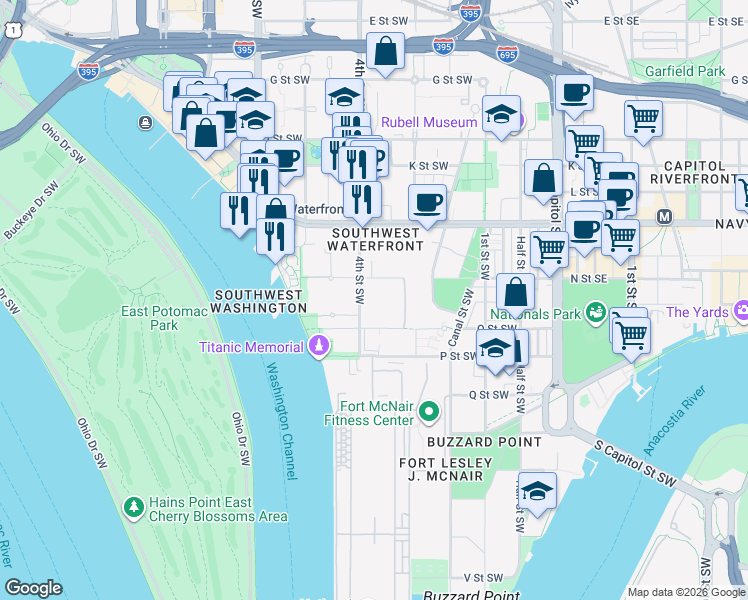 map of restaurants, bars, coffee shops, grocery stores, and more near 101 Independence Avenue Southeast in Washington