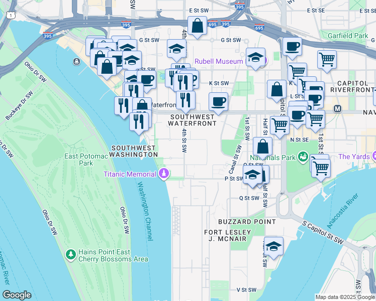 map of restaurants, bars, coffee shops, grocery stores, and more near 1352 4th Street Southwest in Washington
