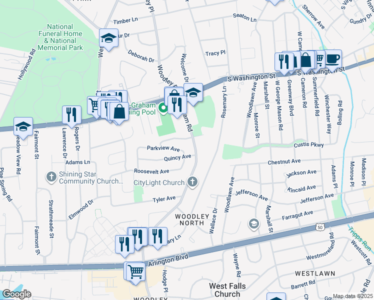 map of restaurants, bars, coffee shops, grocery stores, and more near 7126 Parkview Avenue in Falls Church