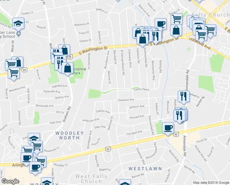 map of restaurants, bars, coffee shops, grocery stores, and more near 6923 Custis Parkway in Falls Church